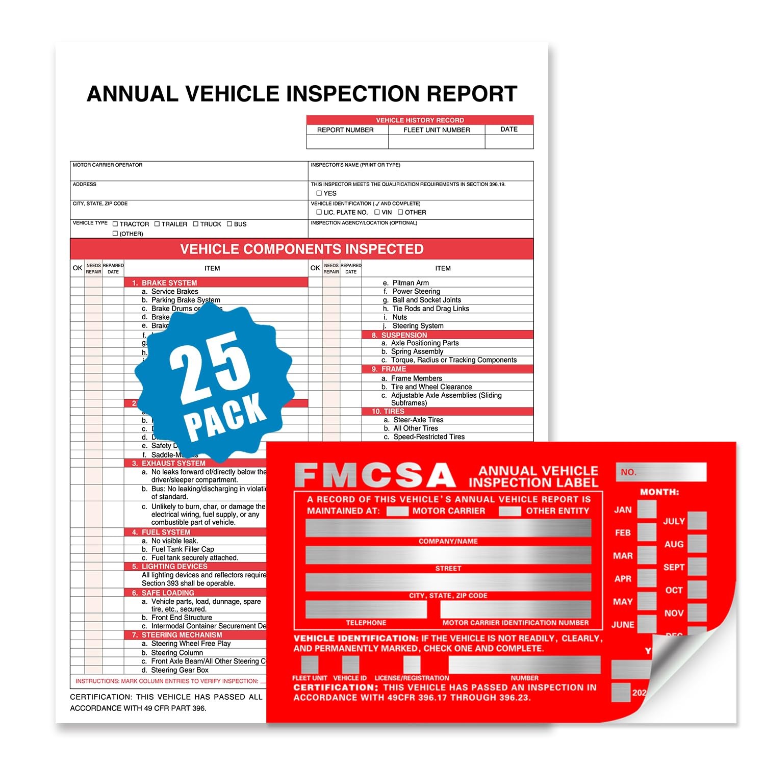 Fitpeak Annual Vehicle Inspection Report Form 25-Pk 3-Ply Carbonless 8.5 X