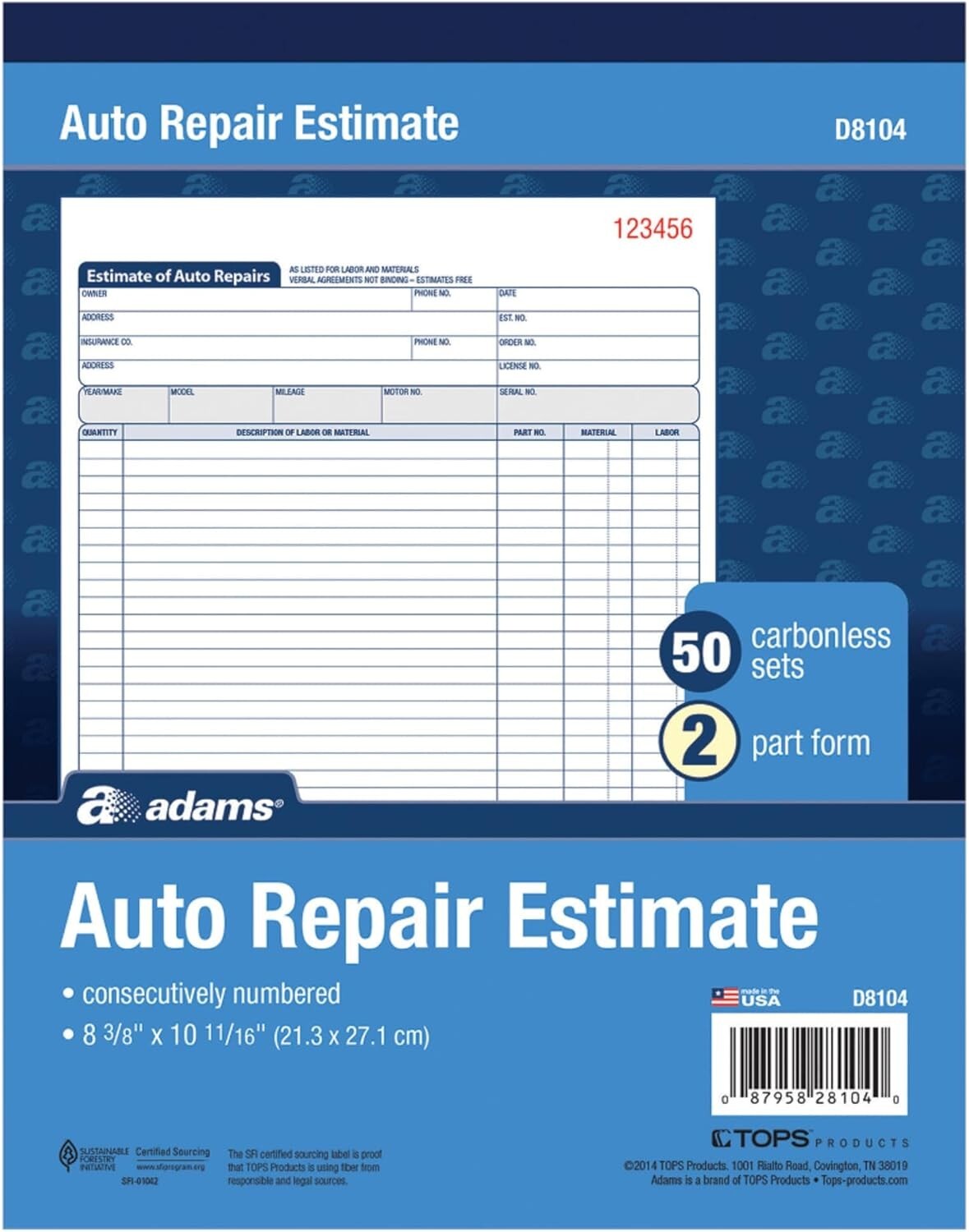 Auto Repair Estimate Book, 2-Part, Carbonless, White/Canary, 8-3/8 X 10-11/16 In