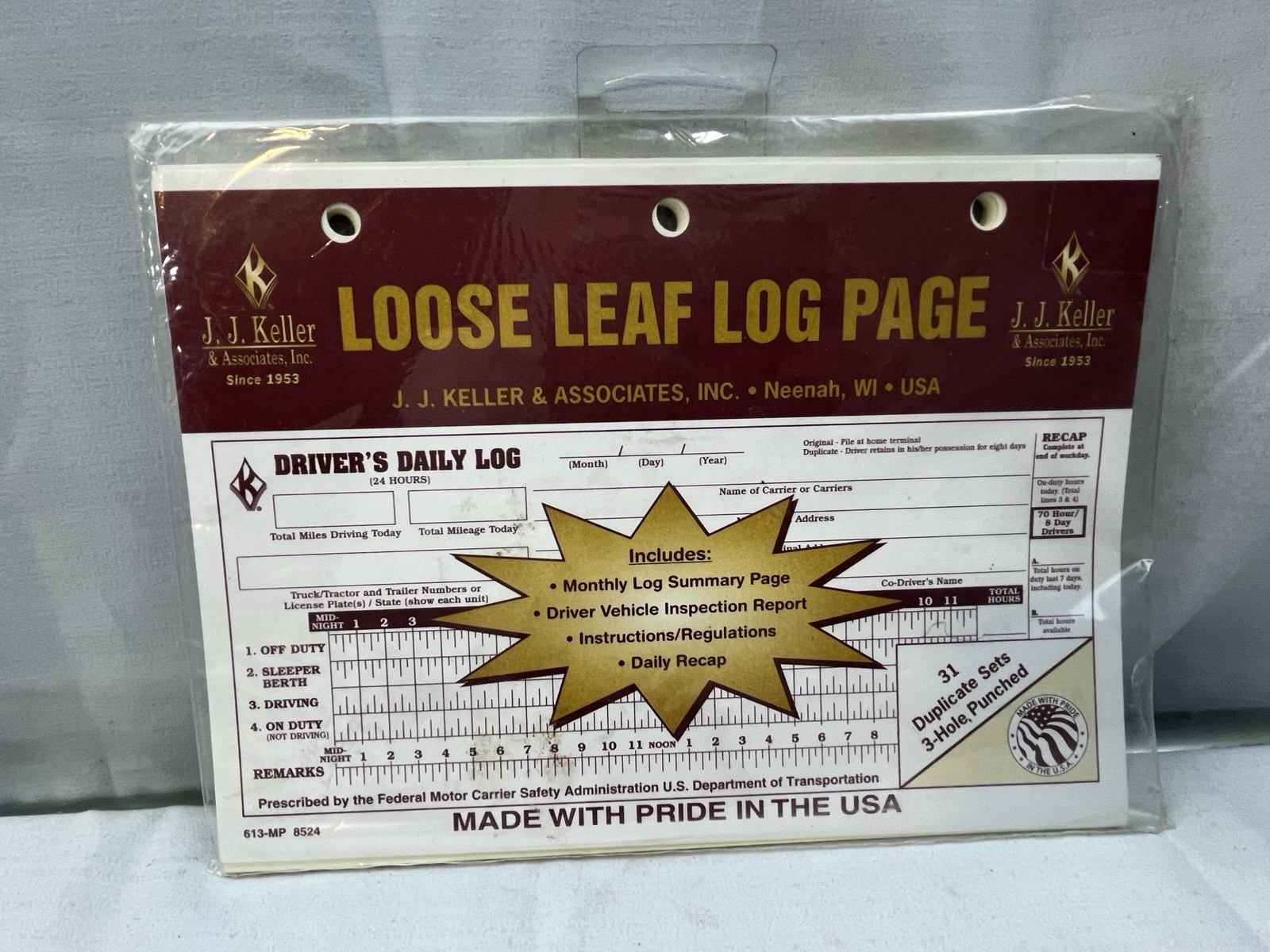 J.J. Keller Loose Leaf Driver Daily Log Pages 31 Duplicate Sets 3 Holes 613-MP