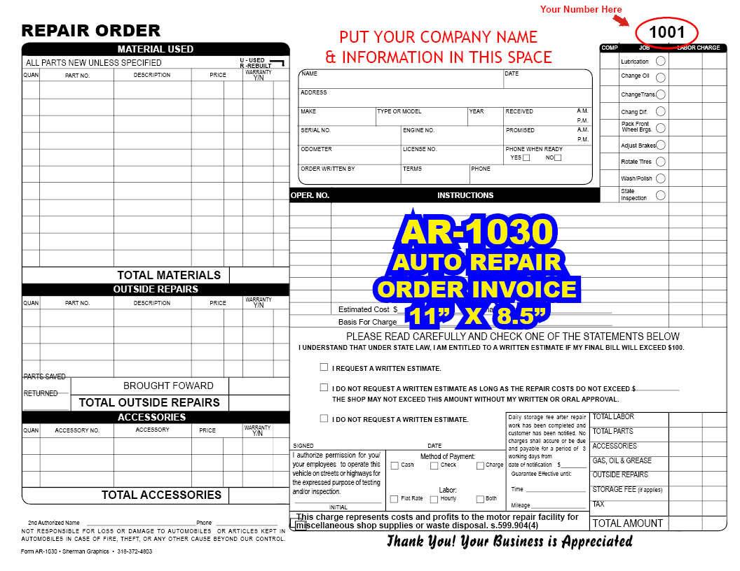 AUTOMOBILE GARAGE REPAIR INVOICE ORDER (Including Florida Repair Orders)