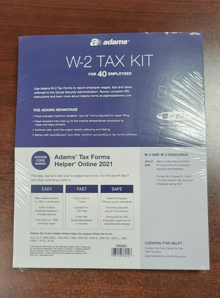 2021 40 EMPLOYEE ADAMS W-2 W2 KIT 6-PART IRS TAX FORMS LASER INKJET + ENVELOPES
