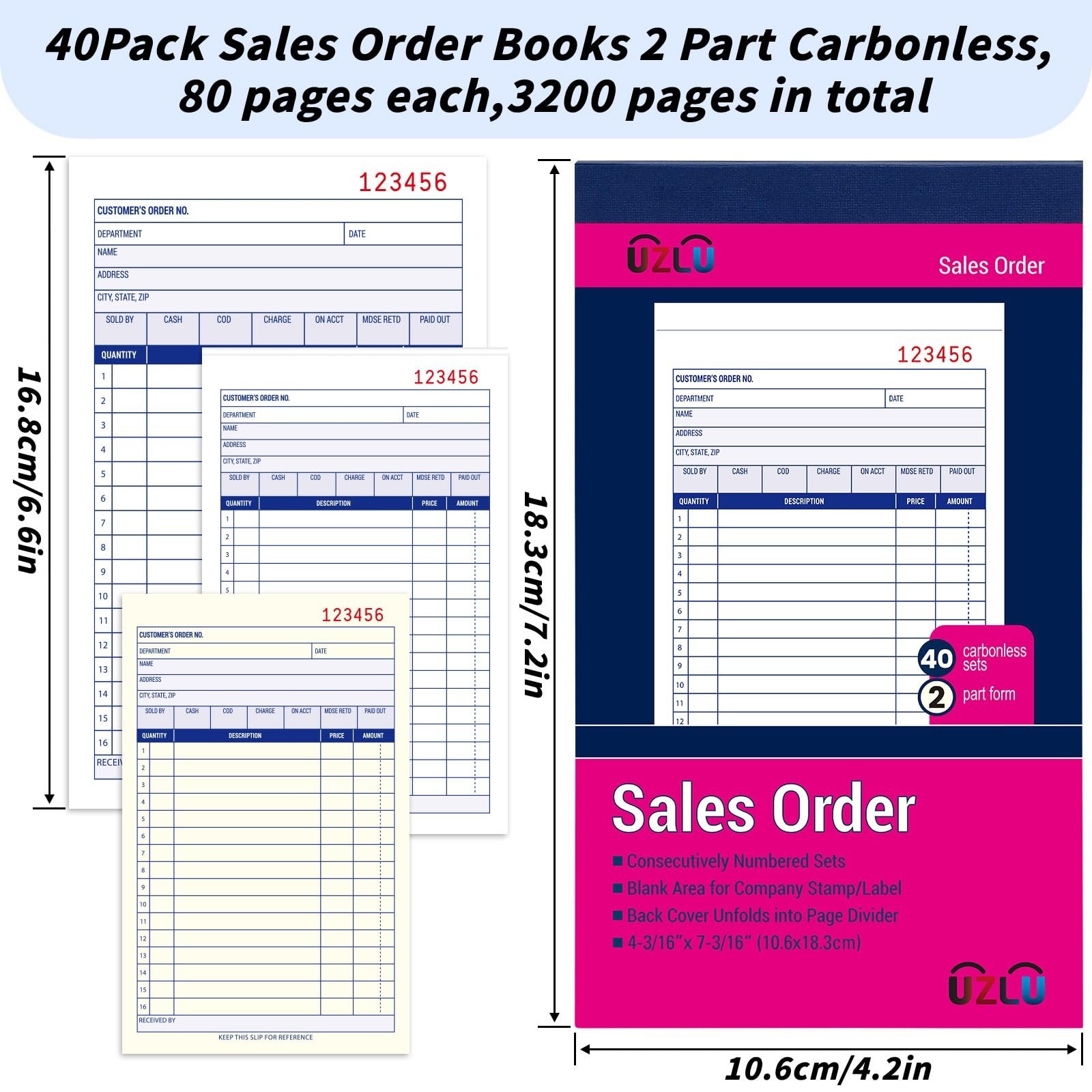 40 Pack Carbonless Sales Order Book, 2-Part Receipt Forms, 4×7 for Small Busines