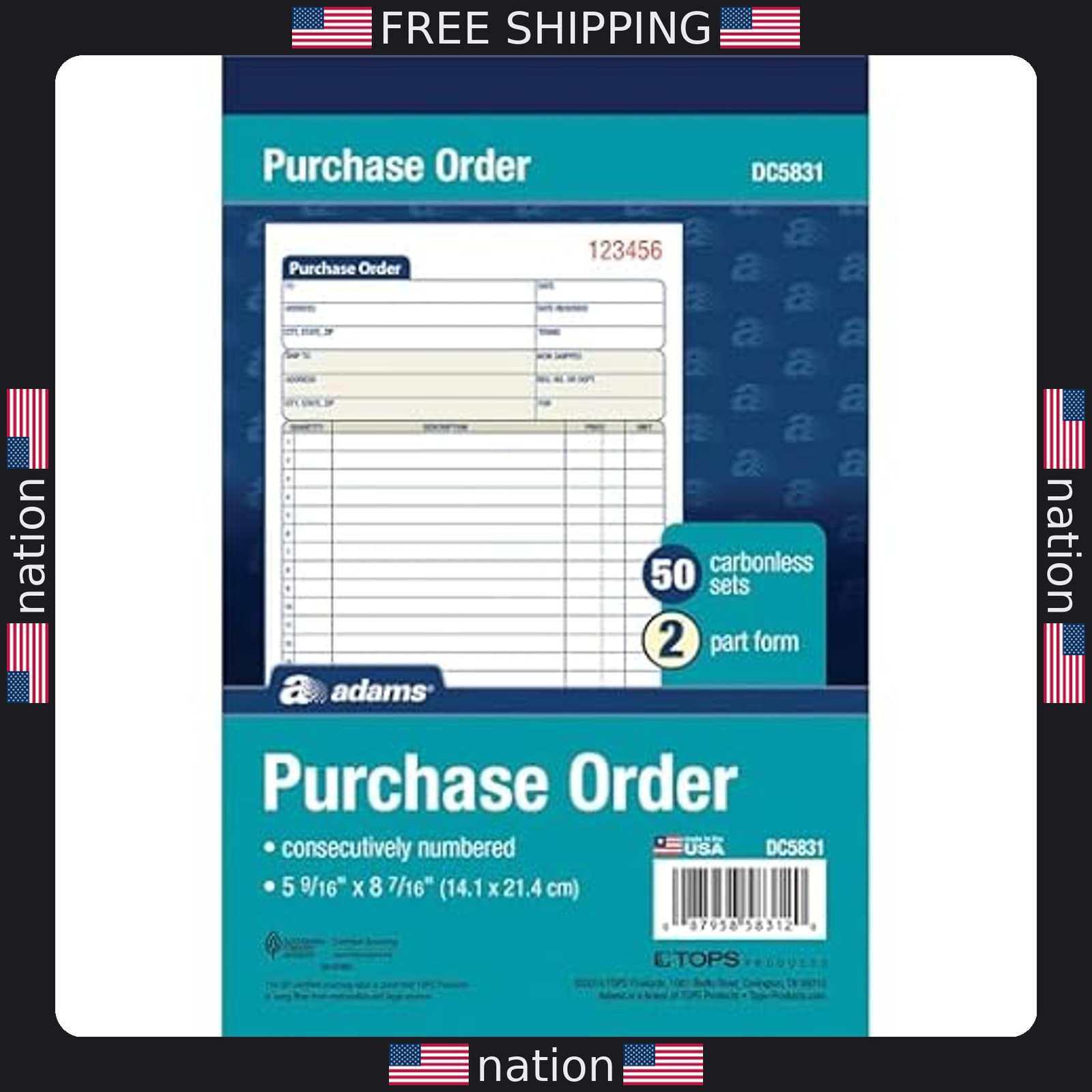Adams 2-Part Carbonless Purchase Order Book, 50 Sets, 5-9/16 x 8-7/16 Inches