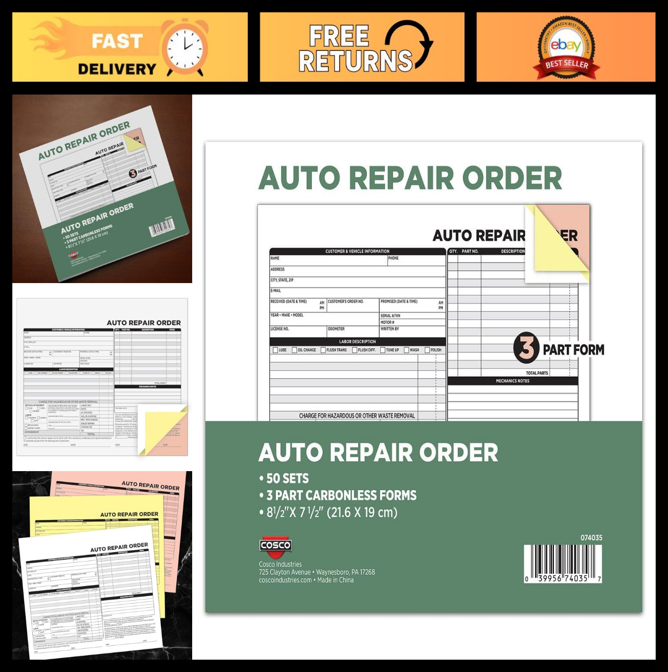 3-Part Carbonless Auto Repair Order Forms, 50-Pack, White & Canary, Easy Use