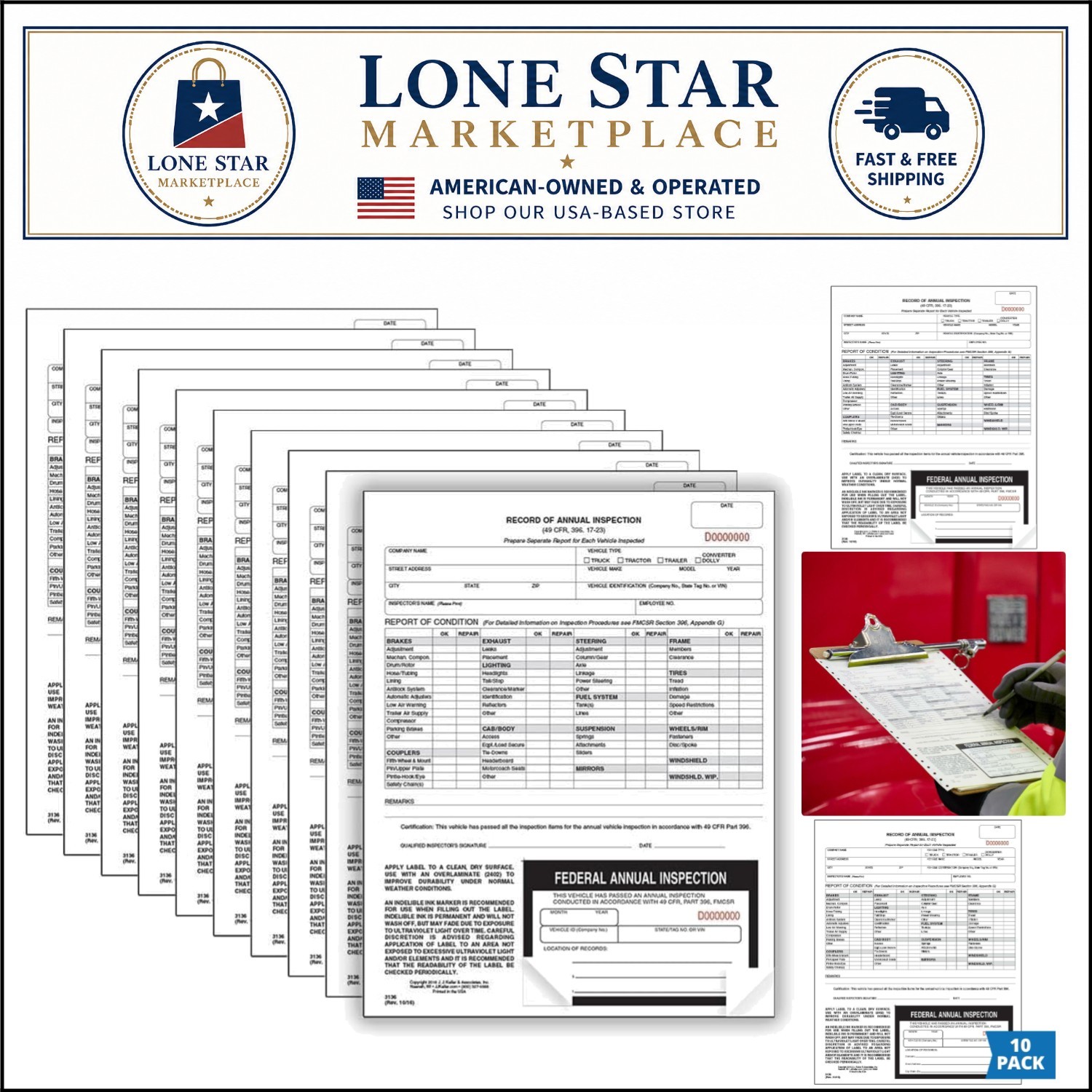 J. J. Keller DOT Compliant 10-Pack Annual Inspection Forms with Labels Included