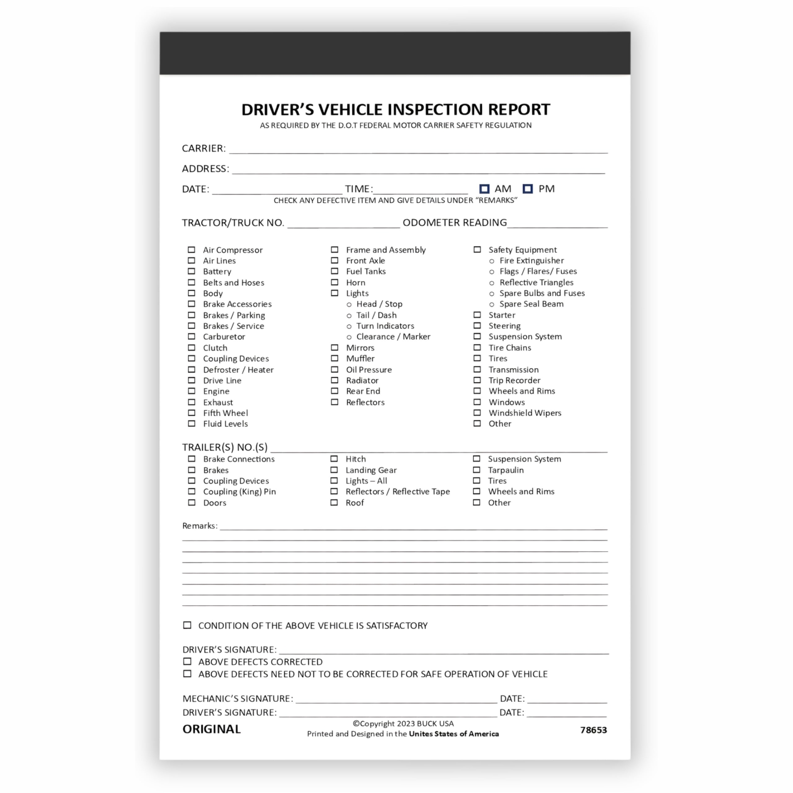 Truck Driver Daily Pre Trip Checklist Log 2Ply Carbonless 35Sets FMCSR Compliant