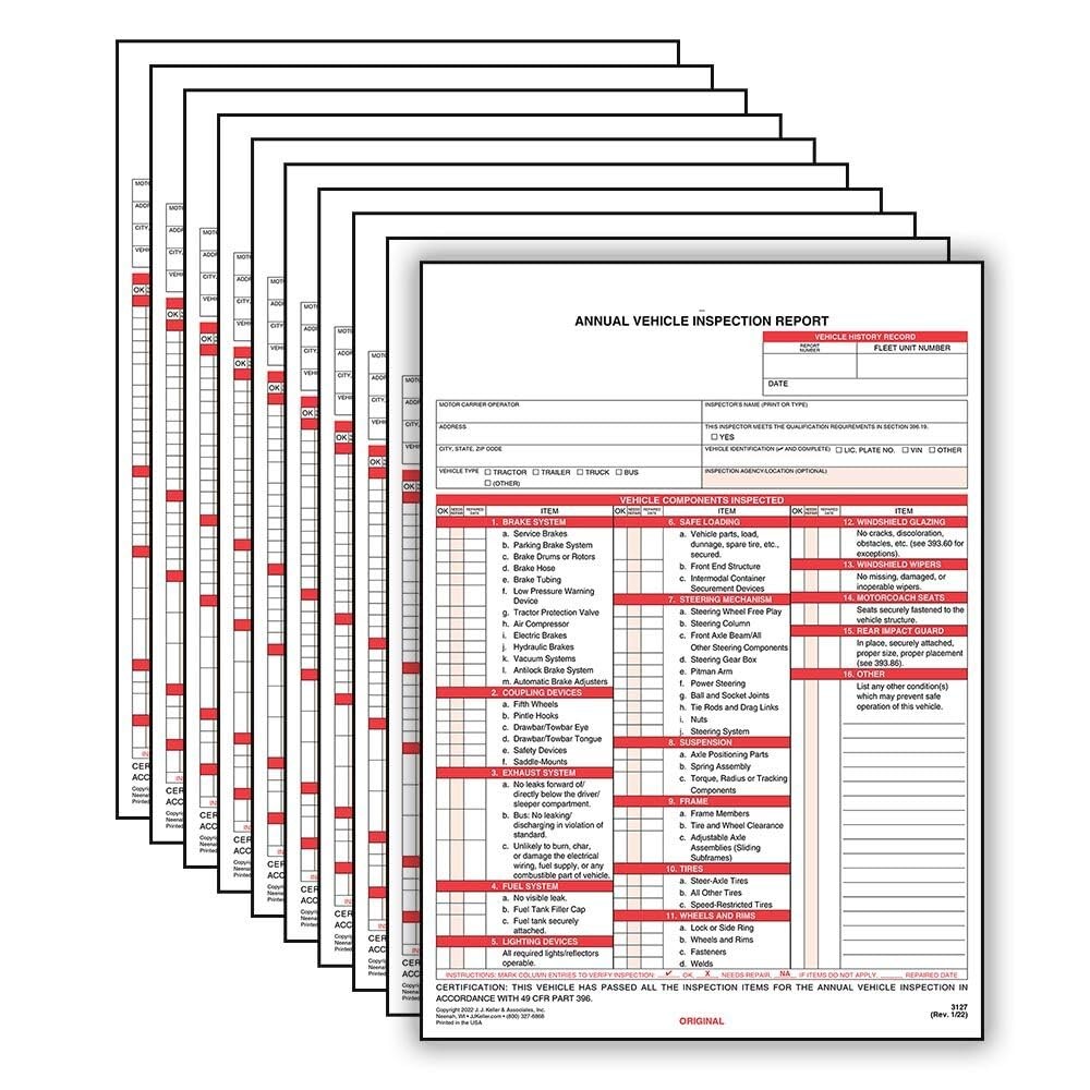 10 PCS J.J. Keller Annual Vehicle Inspection Report Forms 2Ply Carbonless