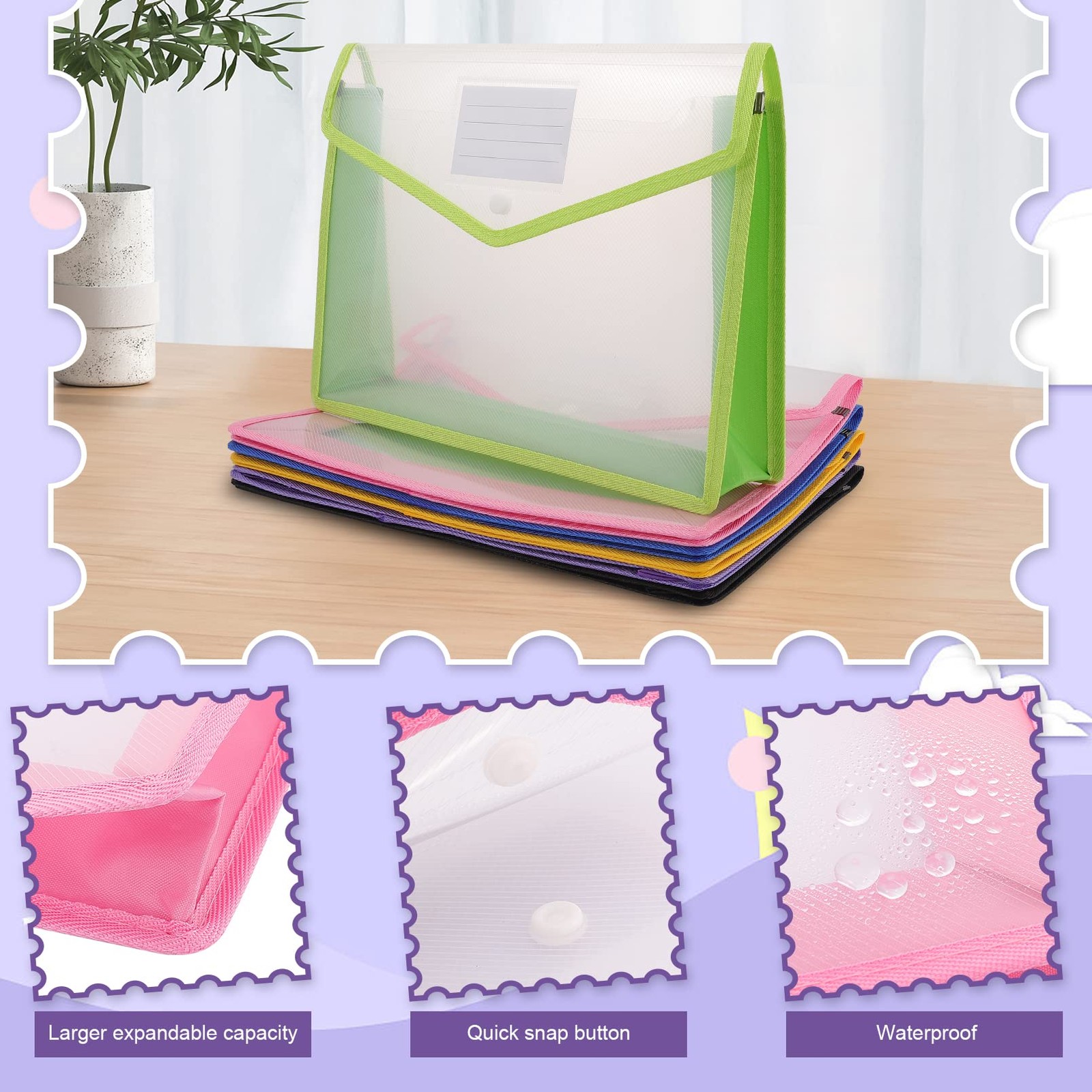 RAIHOMKIT Expanding File Wallet Blue, Purple, Pink, Yellow, Green, Black
