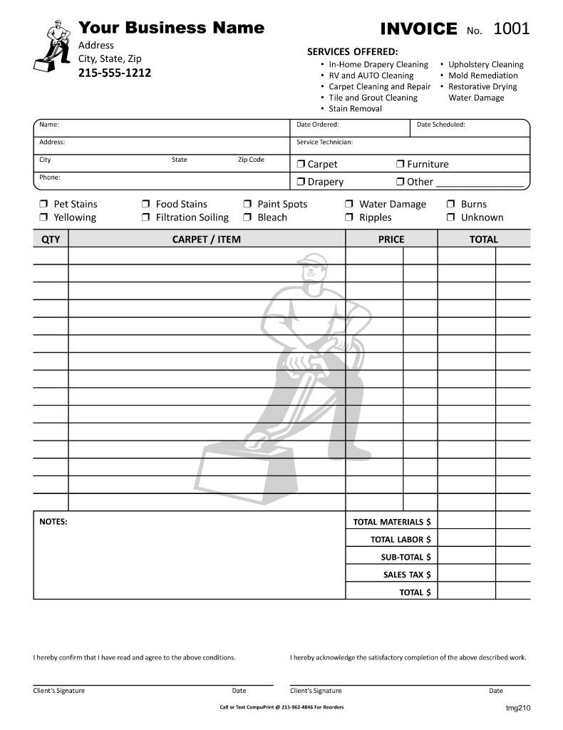 Custom Carpet and Drapery Cleaning Invoice Forms / 8.5×11 / 2 or 3 Part / TMG210