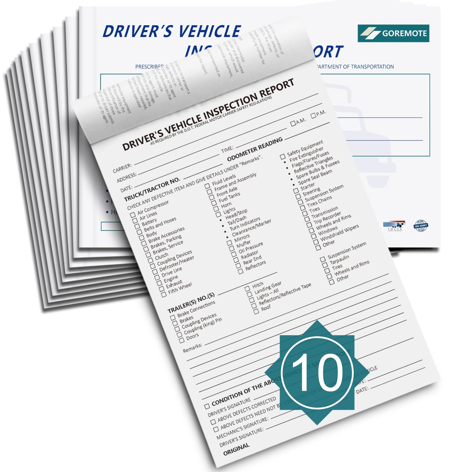 Detailed Driver’s Vehicle Inspection Report, 10 Pack, Pre Trip Inspection Boo…
