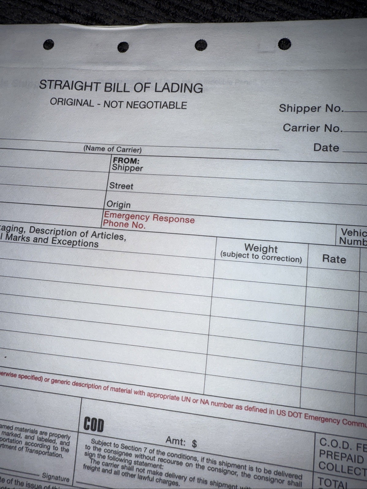 Uline 4 Part Carbonless Bill Of Lading. 250 Count
