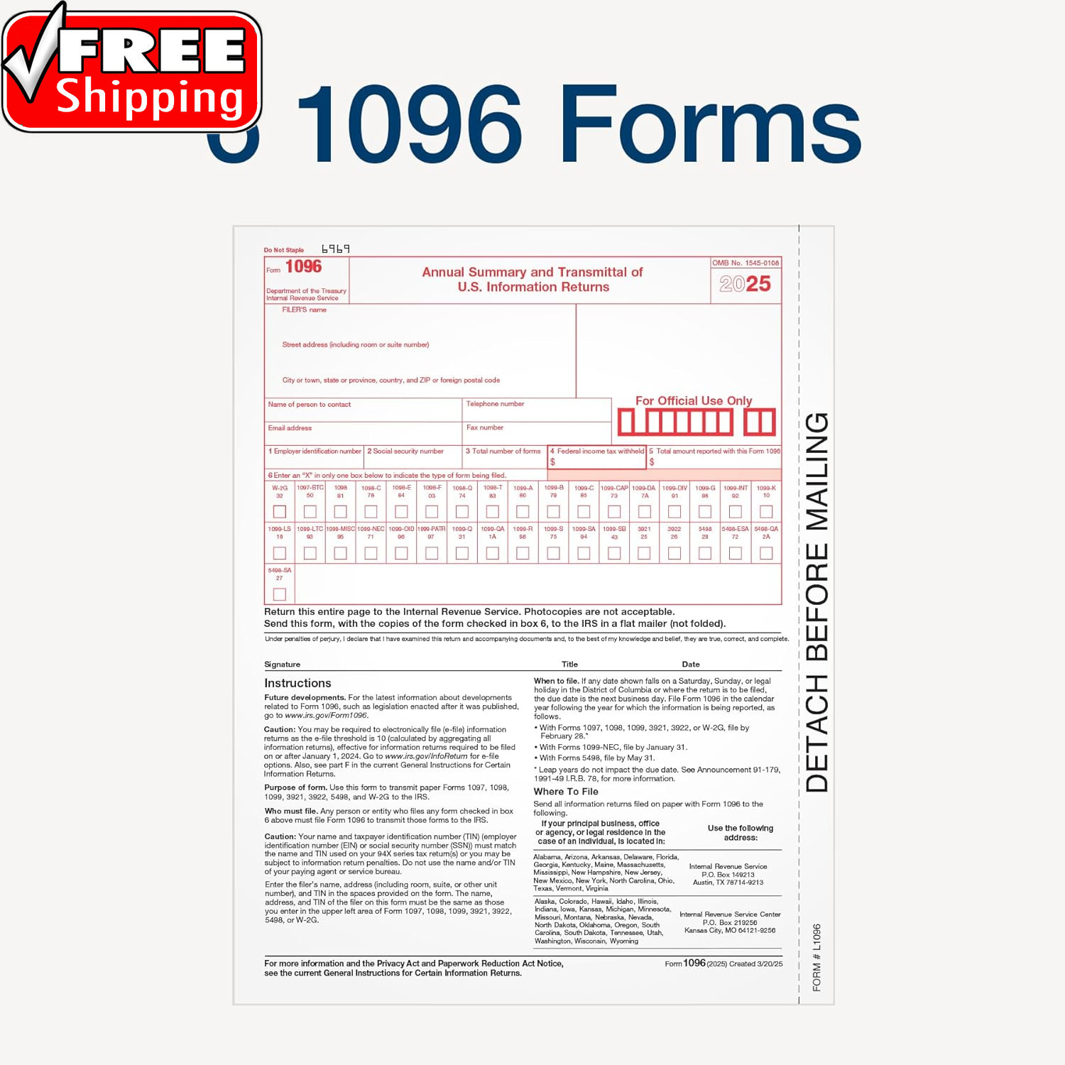 1099 NEC Forms 2025, 4-Part Kit for 50 Recipients, Includes 6 1096 Forms, Quickb