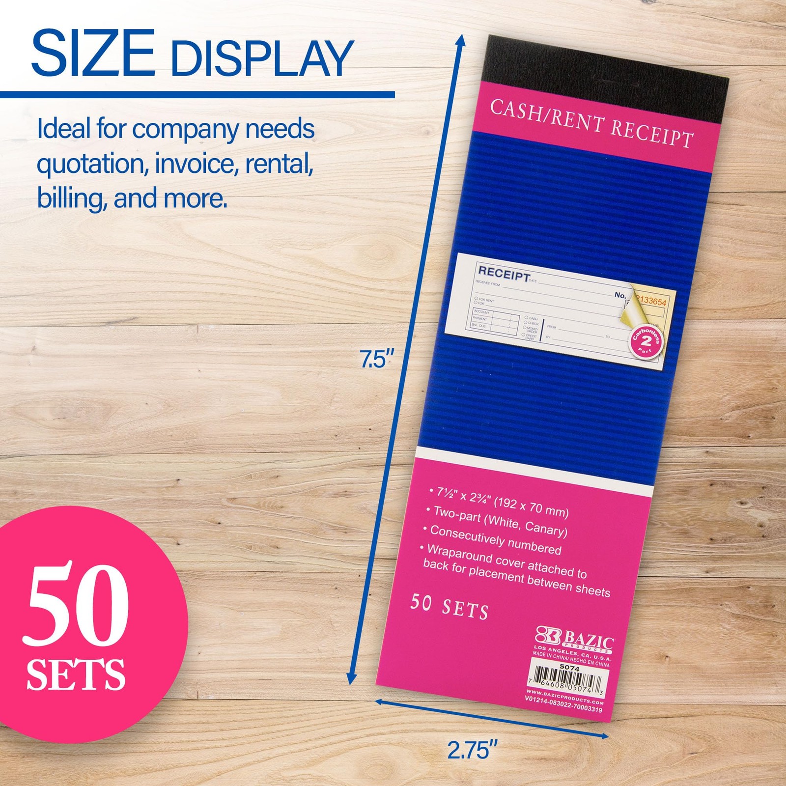BAZIC PRODUCTS Cash or Rent Receipt Book, 2-Part Carbonless, 1-Pack, 50 Sets