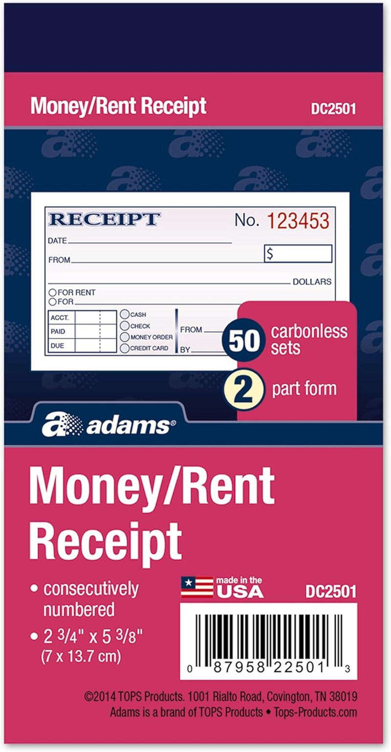 Money and Rent Receipt, 2-3/4 X 5-3/8 Inches, 2-Parts, Carbonless, White/Canary,