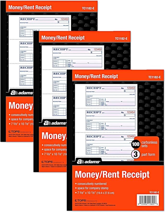 Adams Money and Rent Receipt Books New Color Cover, 3 Part Carbonless, 3 Pack,
