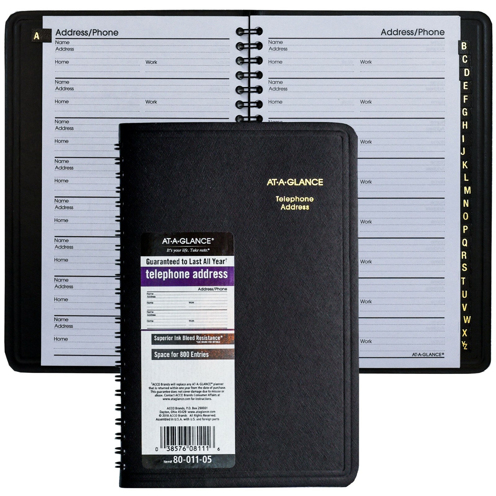 At-A-Glance 80-011 Telephone Address Book, 4-7/8 x 11″, 800 Entries