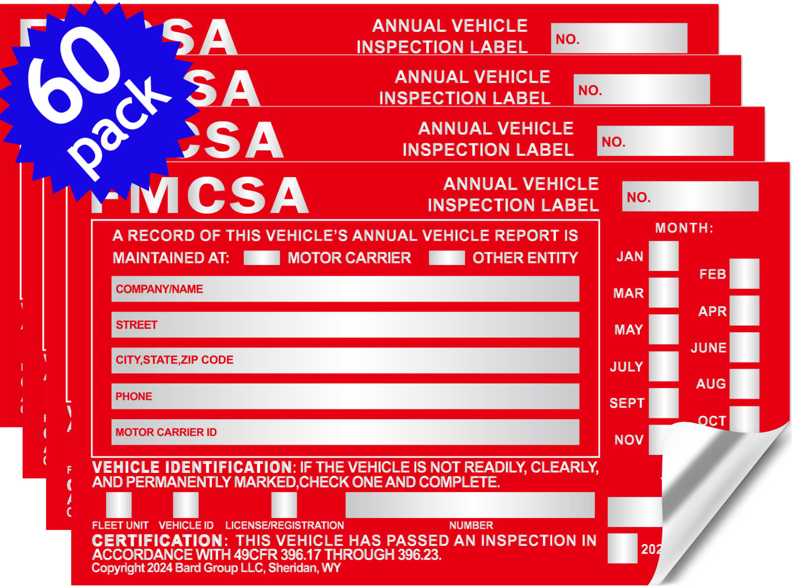 Annual Vehicle Inspection Label Sticker Aluminum FMCSA DOT 6″ x 3.5″. 60-PACK.