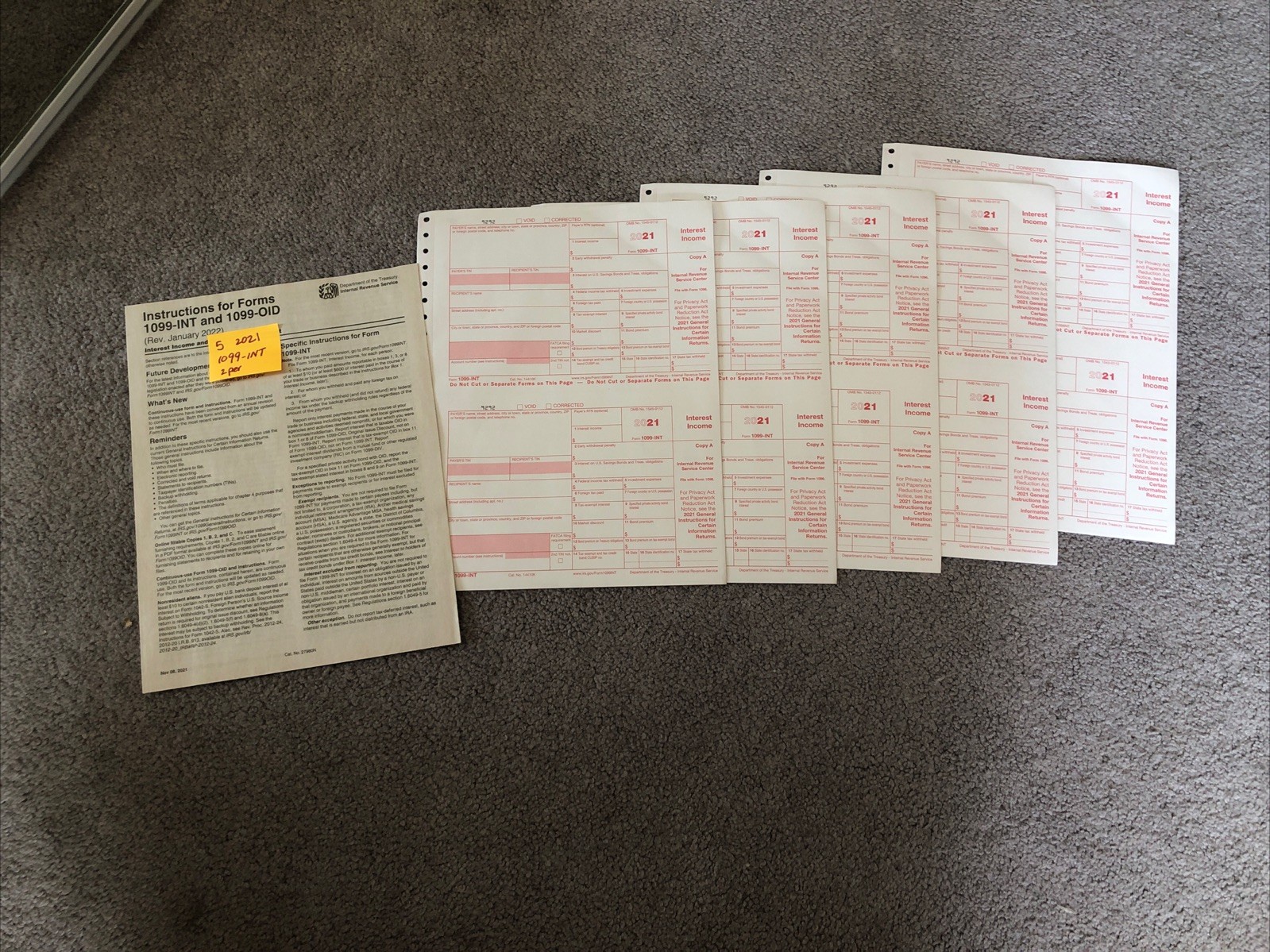 5-pack 2021 IRS Tax Form 1099-INT single sheet set 10 recipients NON-carbonless