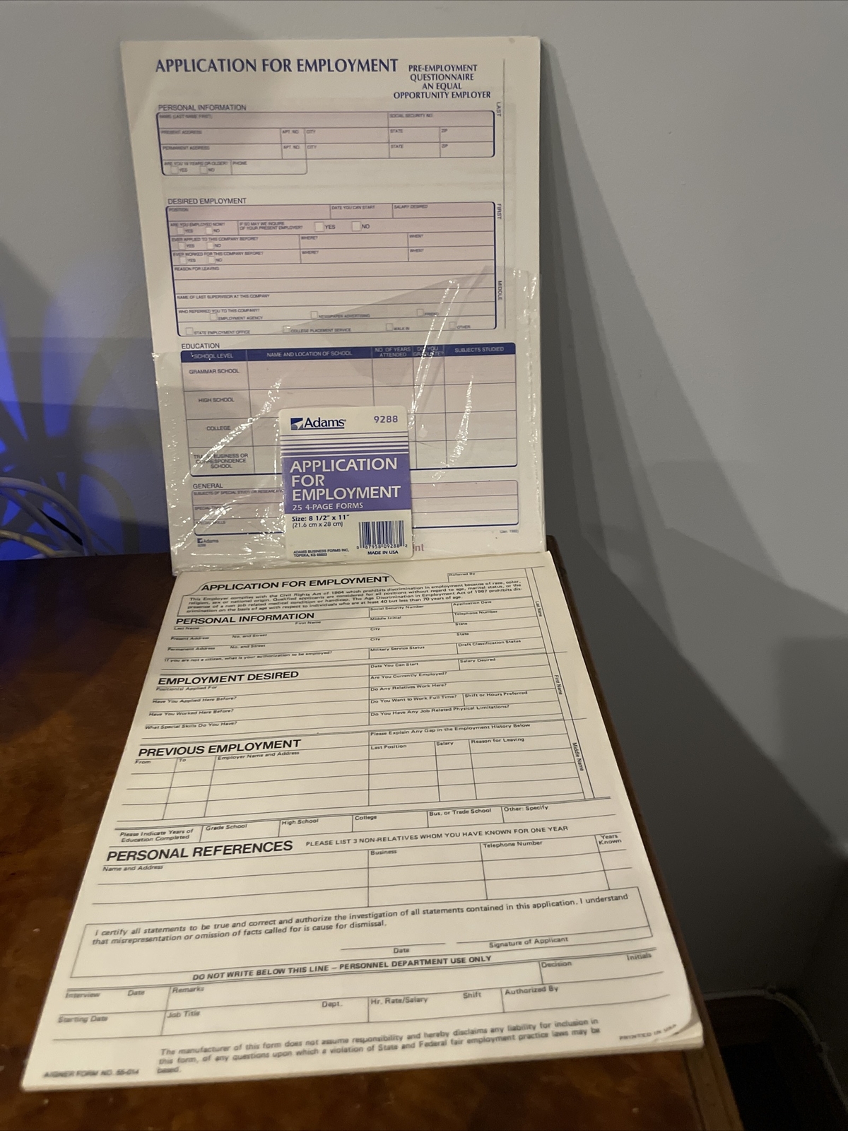 ADAMS APPLICATION FOR EMPLOYMENT, AIGNER FORMS