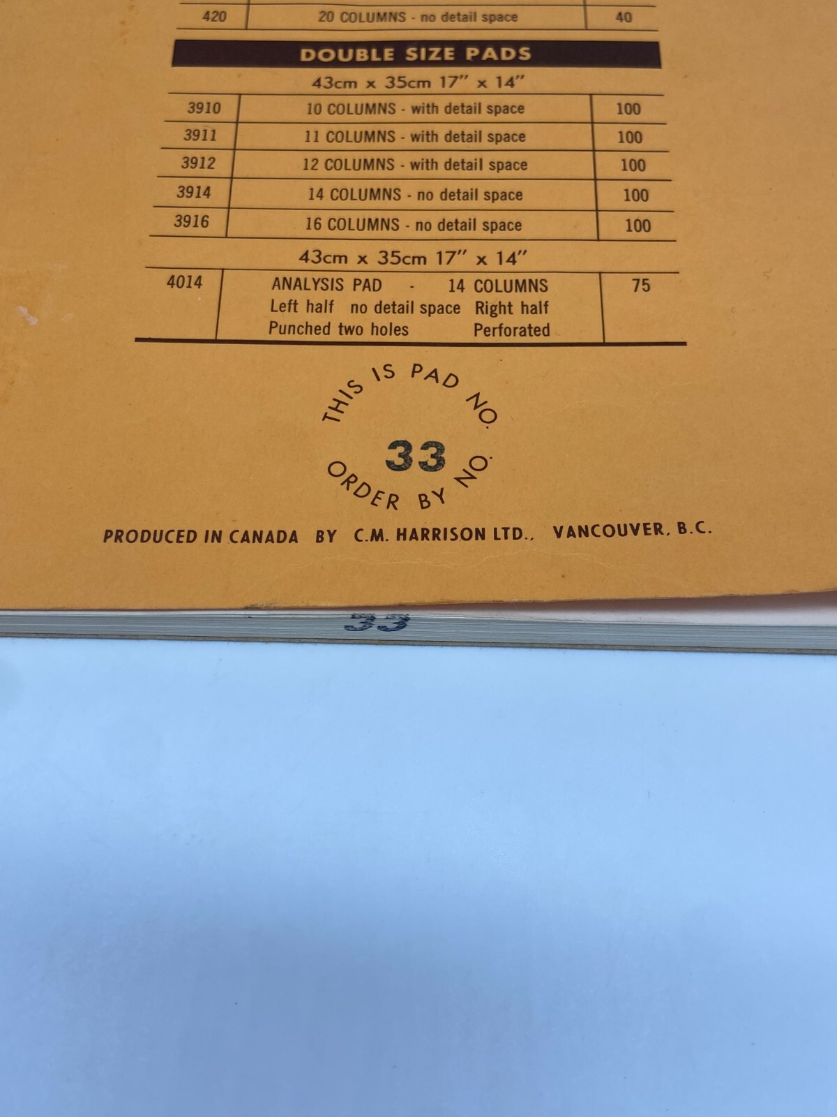 Vintage Specified Columnar Pad No. 33 – 3 Columns w detail space- Made in Canada