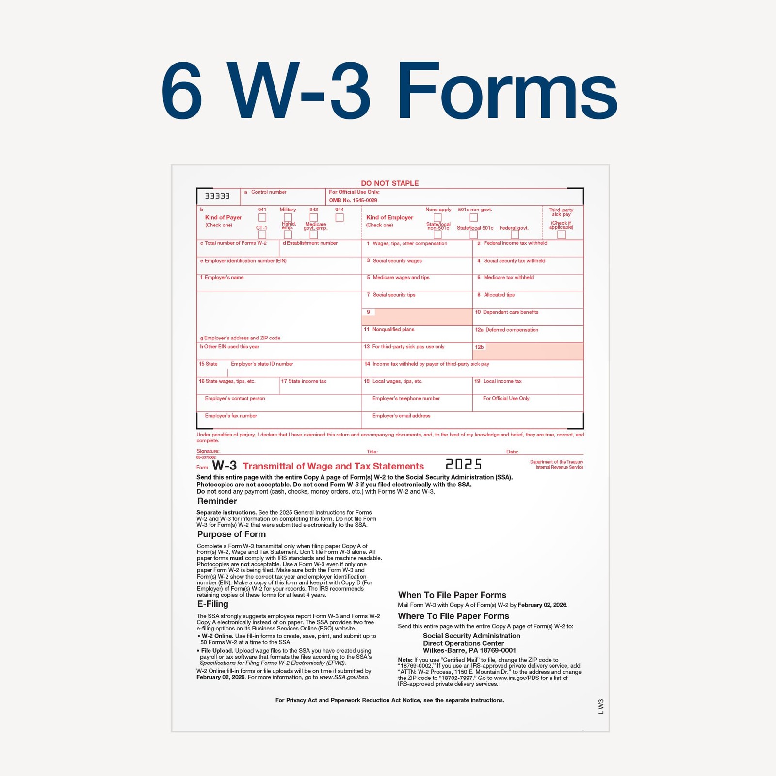 Adams W-2 Forms 2025, 6-Part Kit for 50 Recipients, Includes 6 W-3 Forms,…