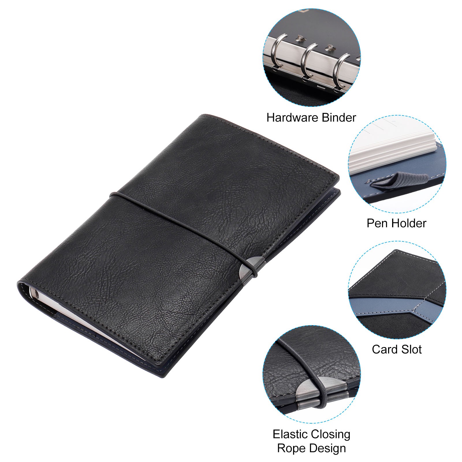 A6 PU Leather Binder Journal Ruled Lined Journal Notebook Black