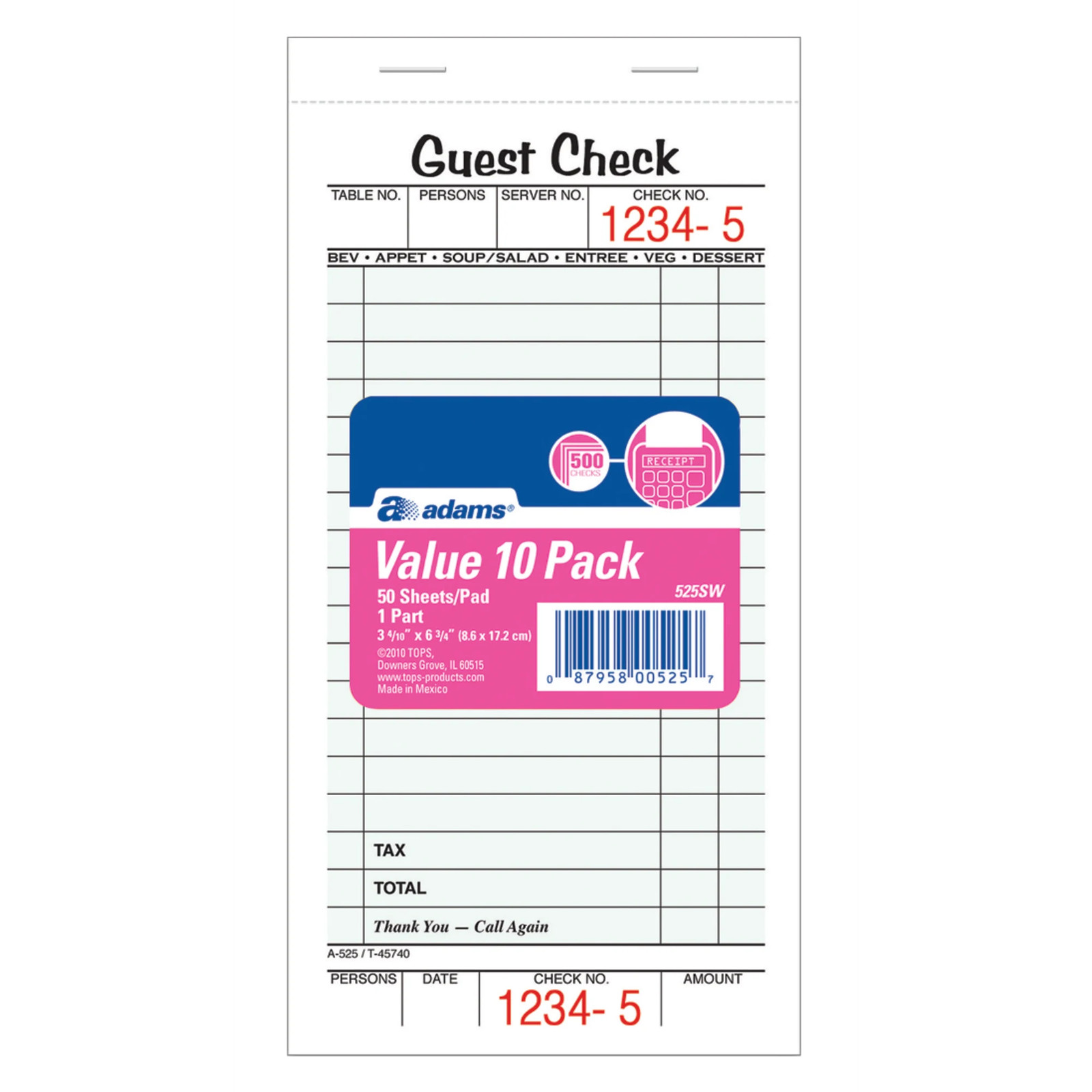 Adams 1-Part Guest Check Books, 3 2/5″ x 6 3/4″, 10 Pads Of 50 Sheets Each