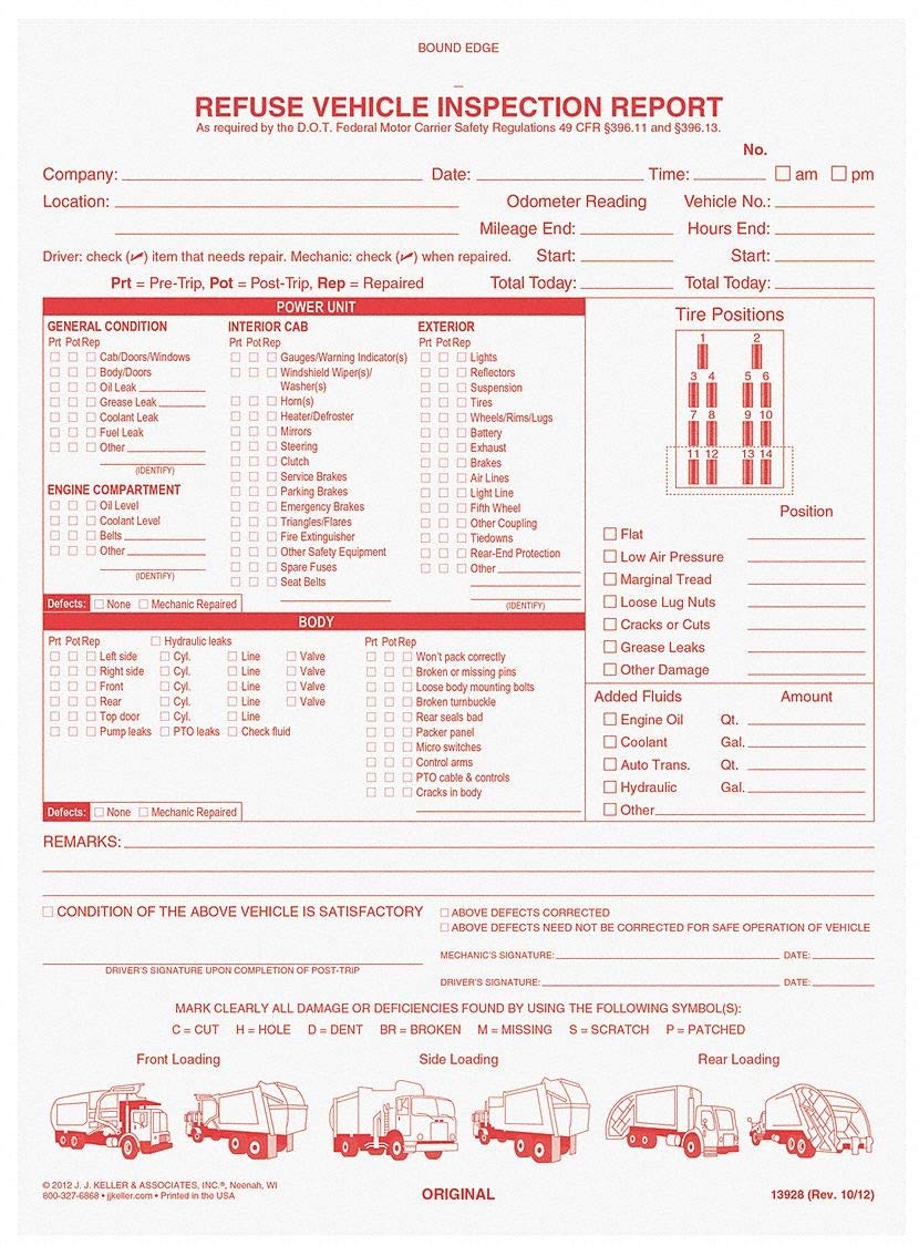 Refuse Truck Driver’s Vehicle Inspection Report 10pk Book Format with 31 Se
