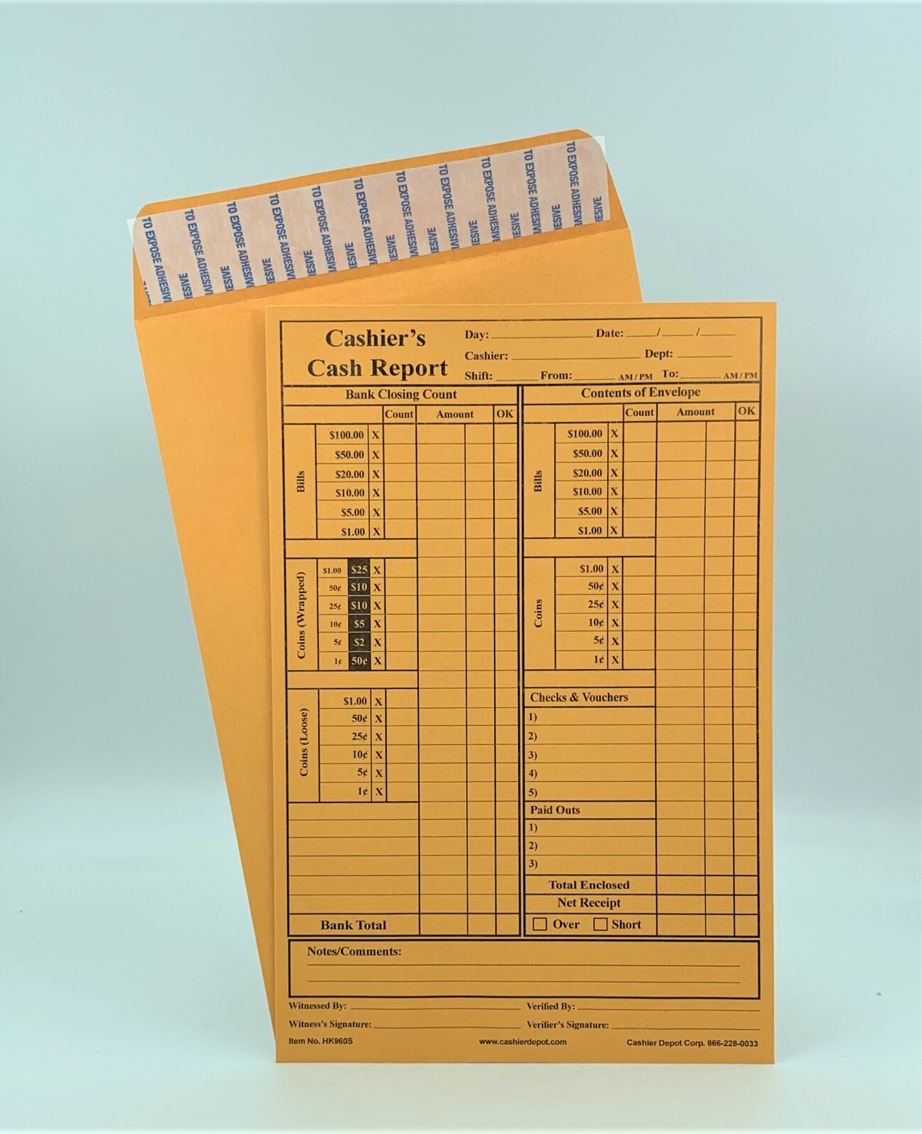 Cashier’s Cash Report Envelopes HK960S 6″ X 9″ Peel & Seal, 28lb. Kraft, 500/Ct