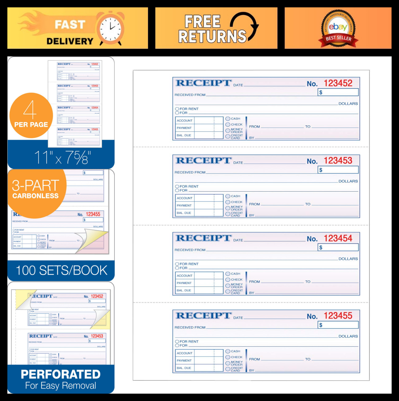 3-Part Carbonless Money/Rent Receipt Book, 11×7.625″, 100 Sets, 4 Receipts/Page