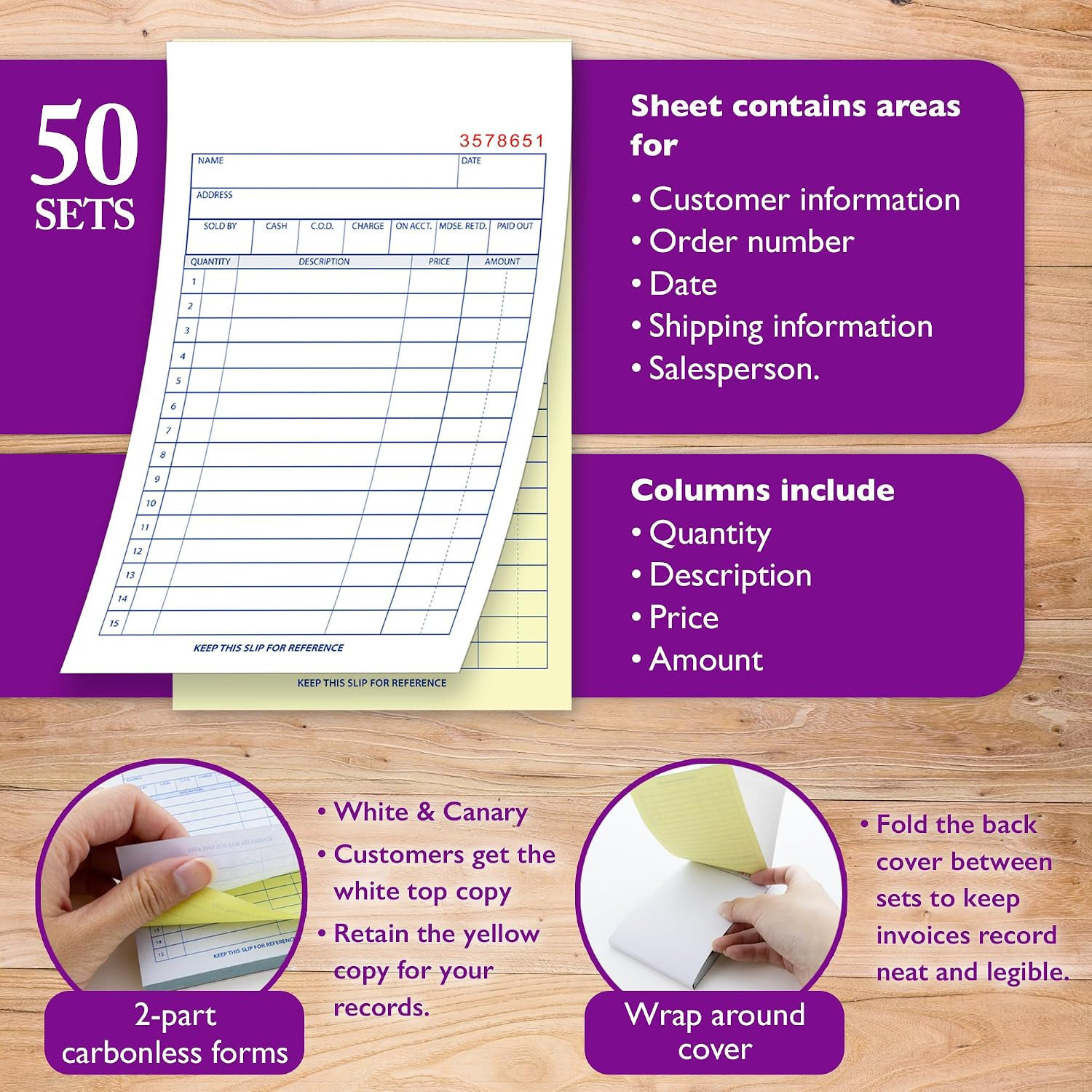 General Purpose Sales Book, 50 Sets, 4-Pack | 50 Numbered 2-Part