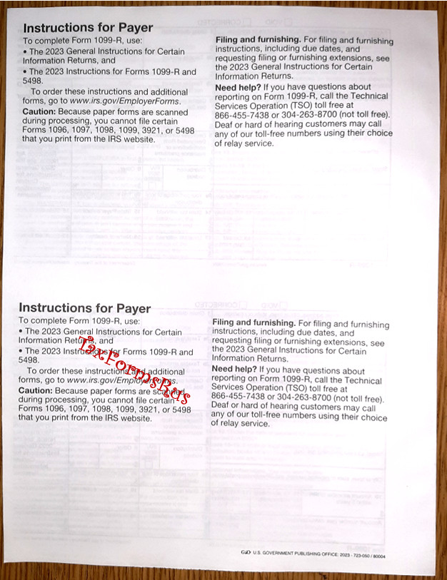 2023 IRS Tax Form 1099-R single sheet set for 2 recipients NONcarbonless 6pt 2up