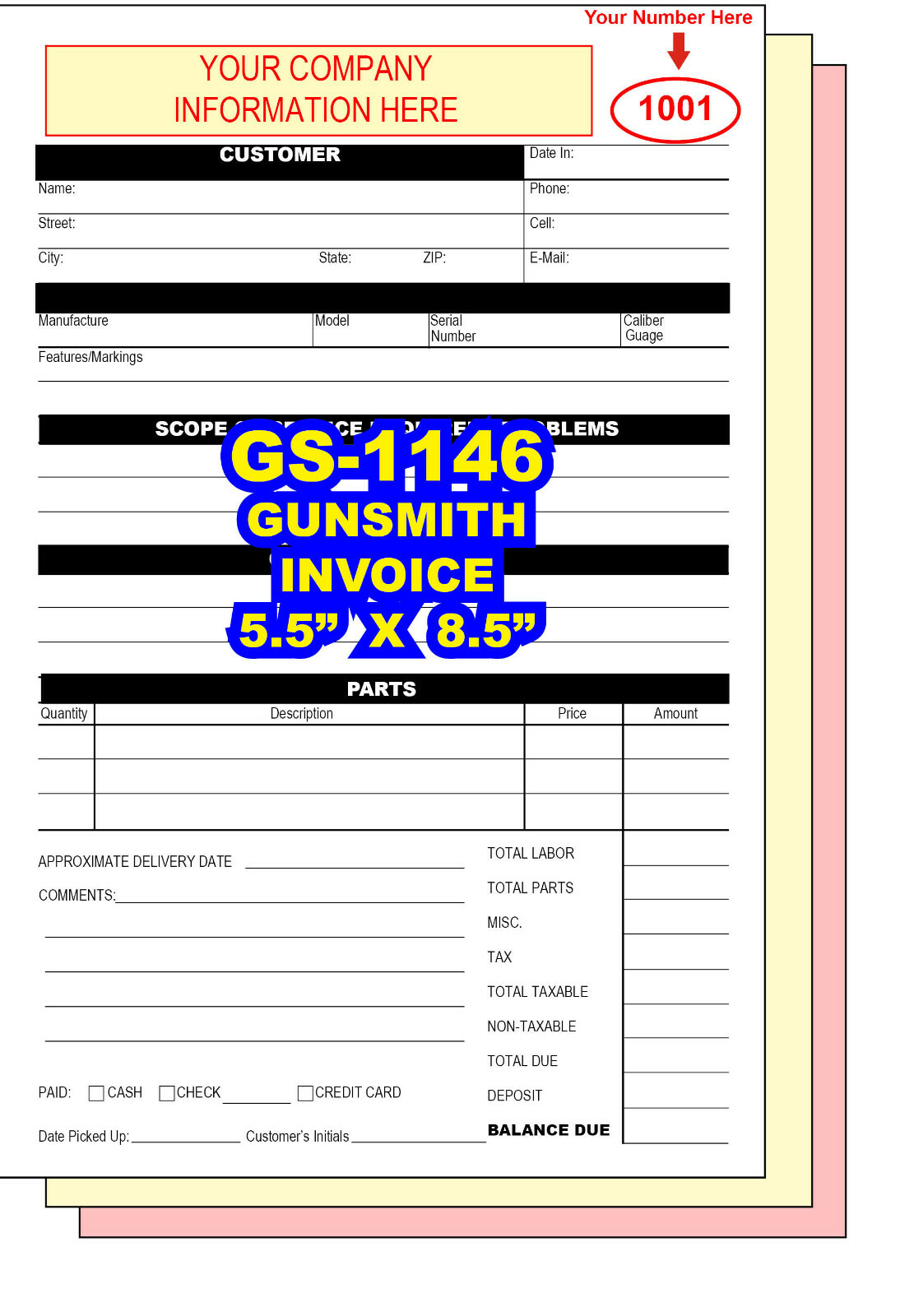 GUNSMITH INVOICE CUSTOM PRINTED 2 or 3 Part Carbonless Forms