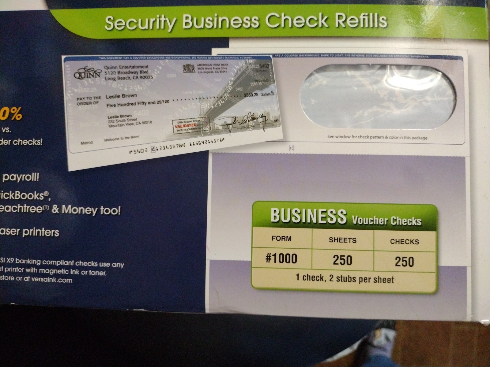 VersaCheck Security Business Check Refills #1000 250 Sheets 250 Check Refills