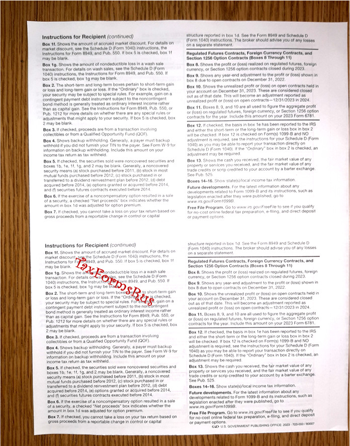2023 IRS Tax Form 1099-B single sheet set for 2 recipients NONcarbonless 4pt 2up