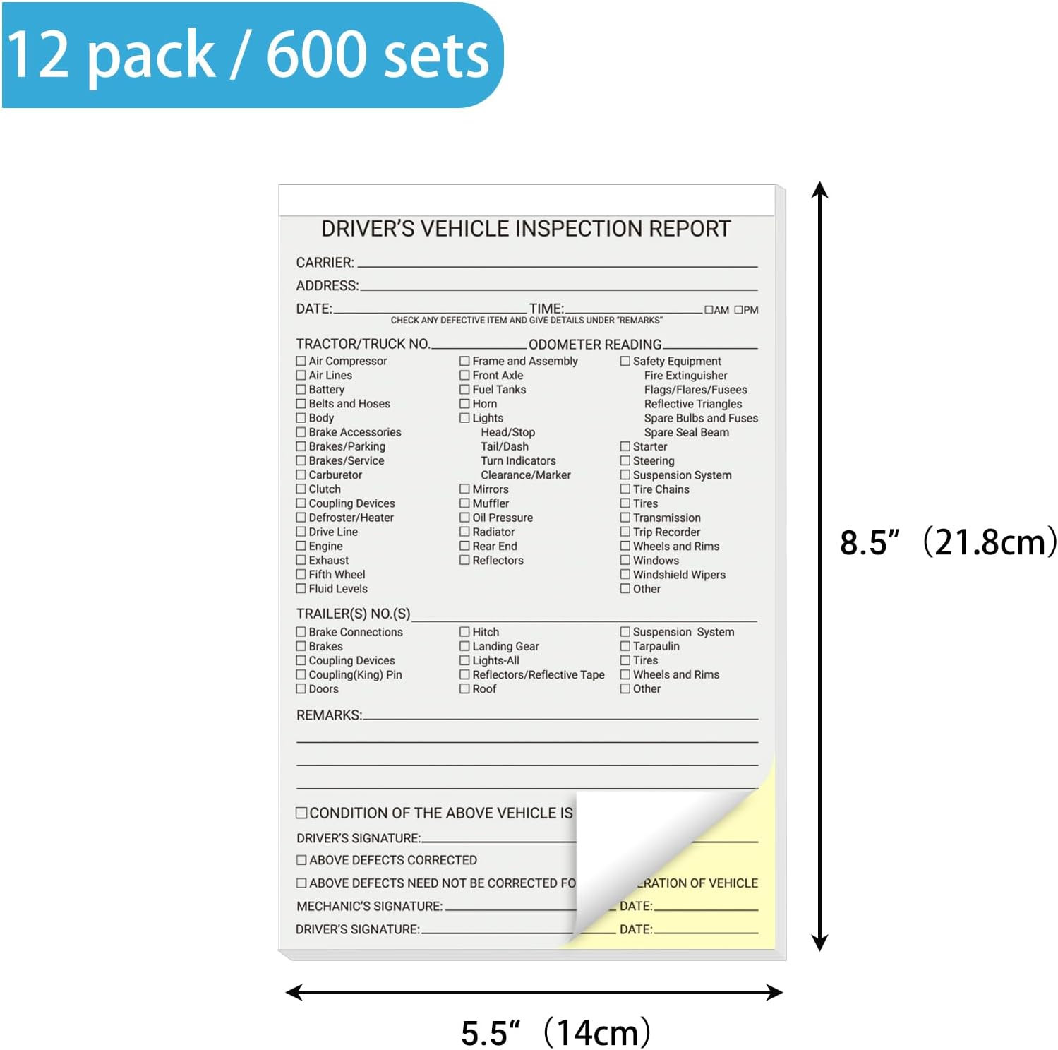 600 Sets Detailed Driver Daily Vehicle Inspection Report Book/Forms, 2 Part C…