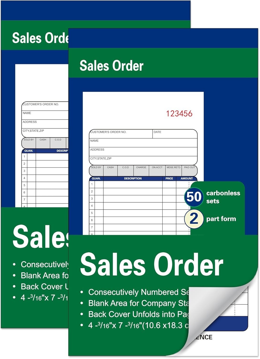 2-Pack Carbonless Sales Order Books – 4-3/16 x 7-3/16 Inches, Durable & Portable