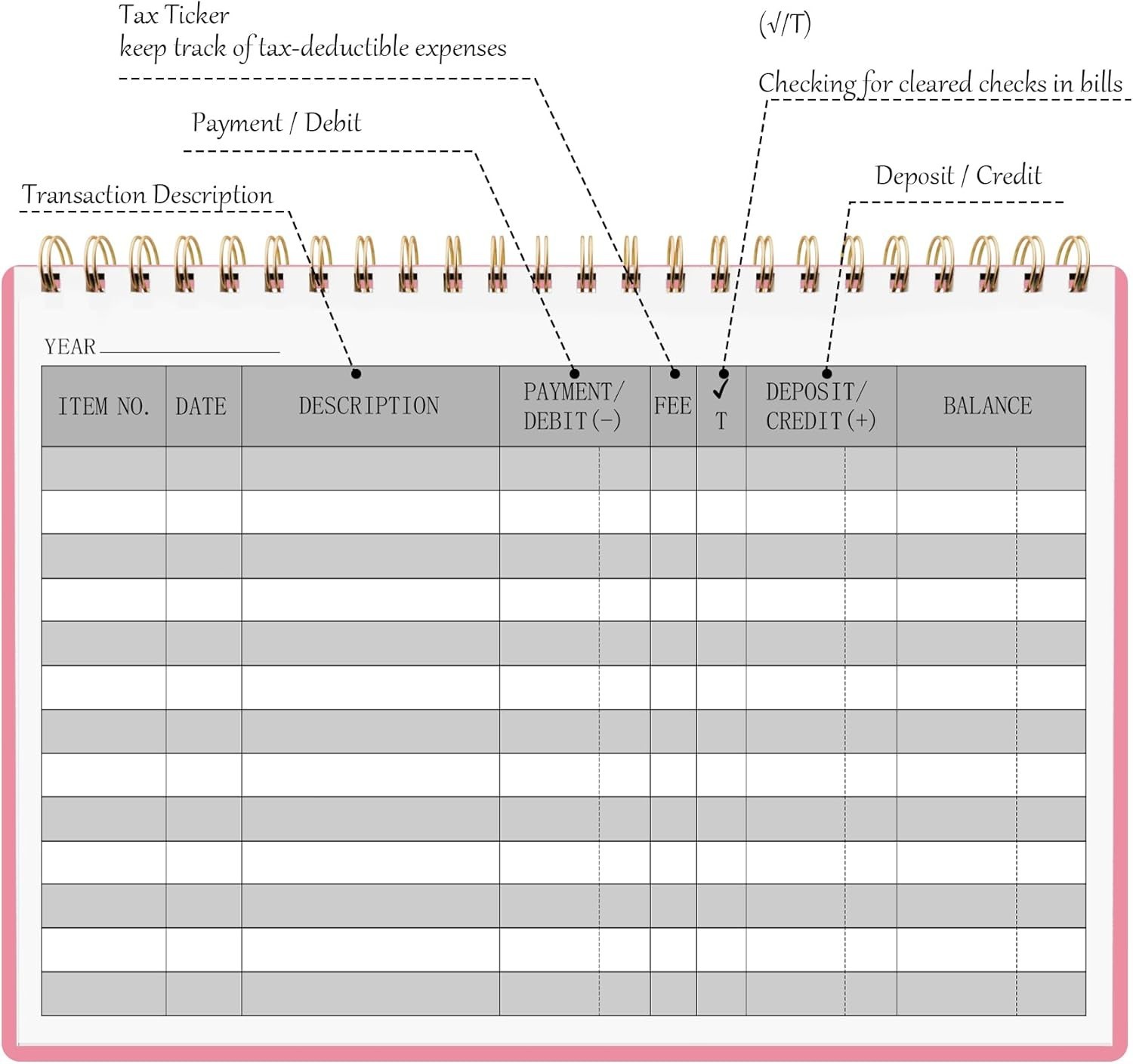 Financial Tracker Check Register Pink 100 Pages with Calendar and Receipt Pocket