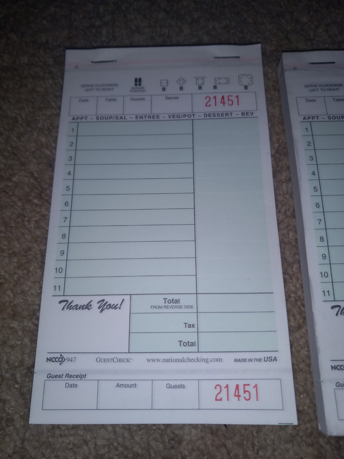 National Checking Company 947SW, 5 Medium Wide Carbonless 2-Part Guest Check,…