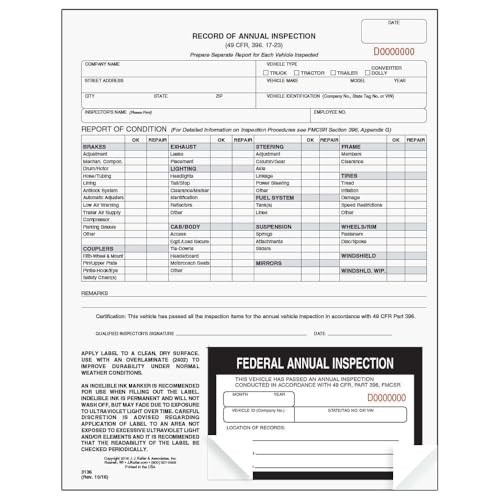 10-Pack Annual Inspection Forms with Labels, 2-Ply Carbonless, DOT Compliant