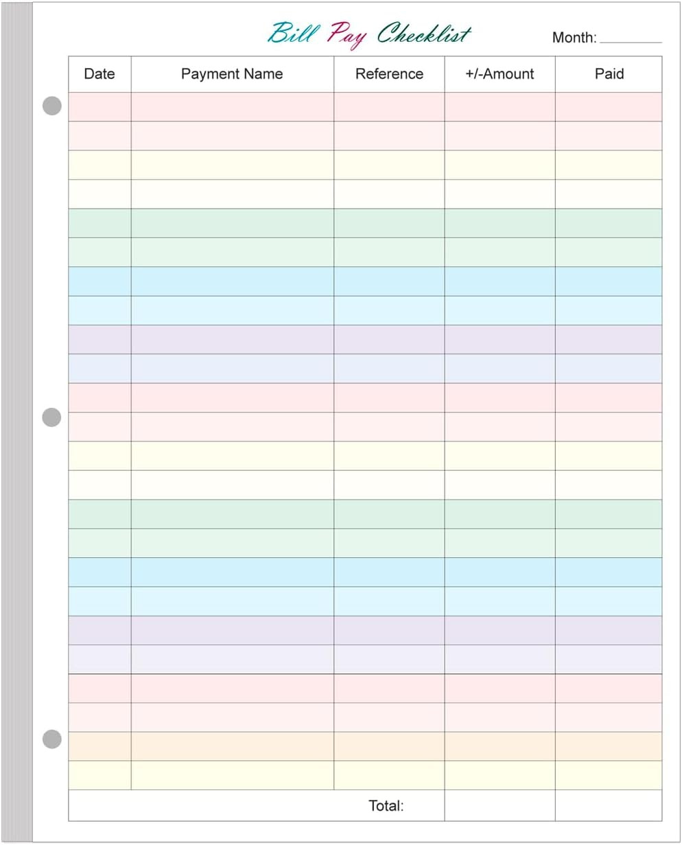 A4 Bill Payment Checklist Refills Paper – 3-Hole Punched Loose Leaf Budget Plann