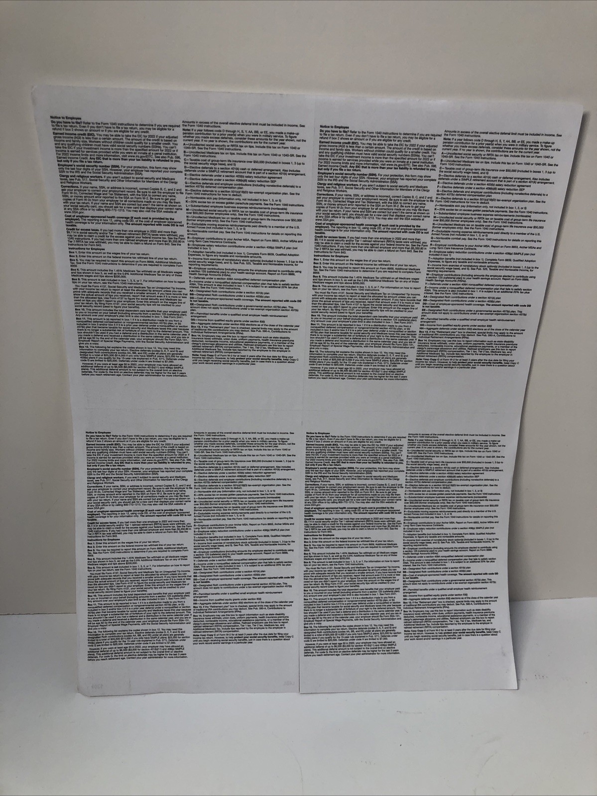 Blank W2 4 Up Tax Forms 2022 Instructions in Back of The Form 5209B (500 Pack )