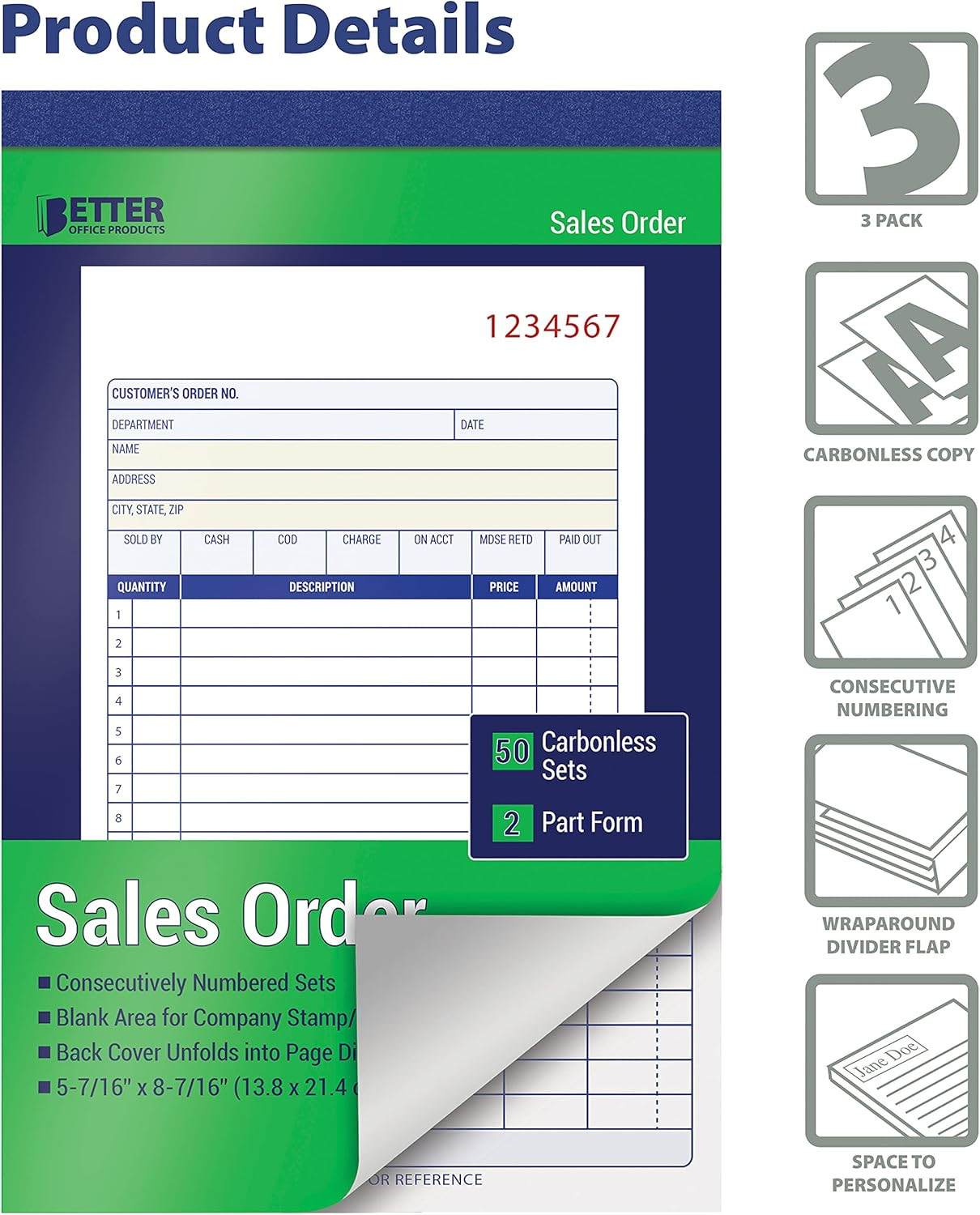 Large Sales Order Books, 3 Pack, 2-Part Carbonless (White/Canary Yellow), 5-7/16