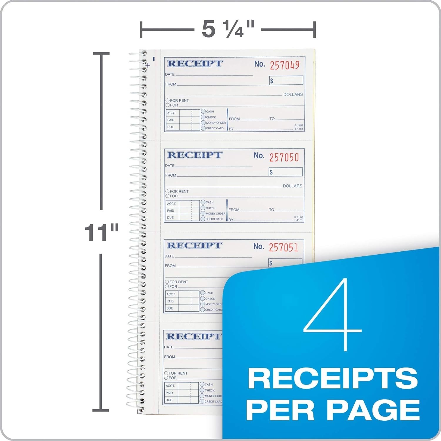 Compact Money Receipt Book, 2-Part Carbonless, 4 Receipts/Page, 5-1/4″ x 11″
