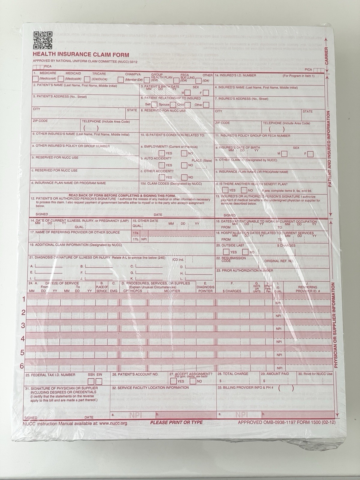 NEW CMS 1500 HCFA Health Insurance Claim Forms (Version 02/12) 500 Forms