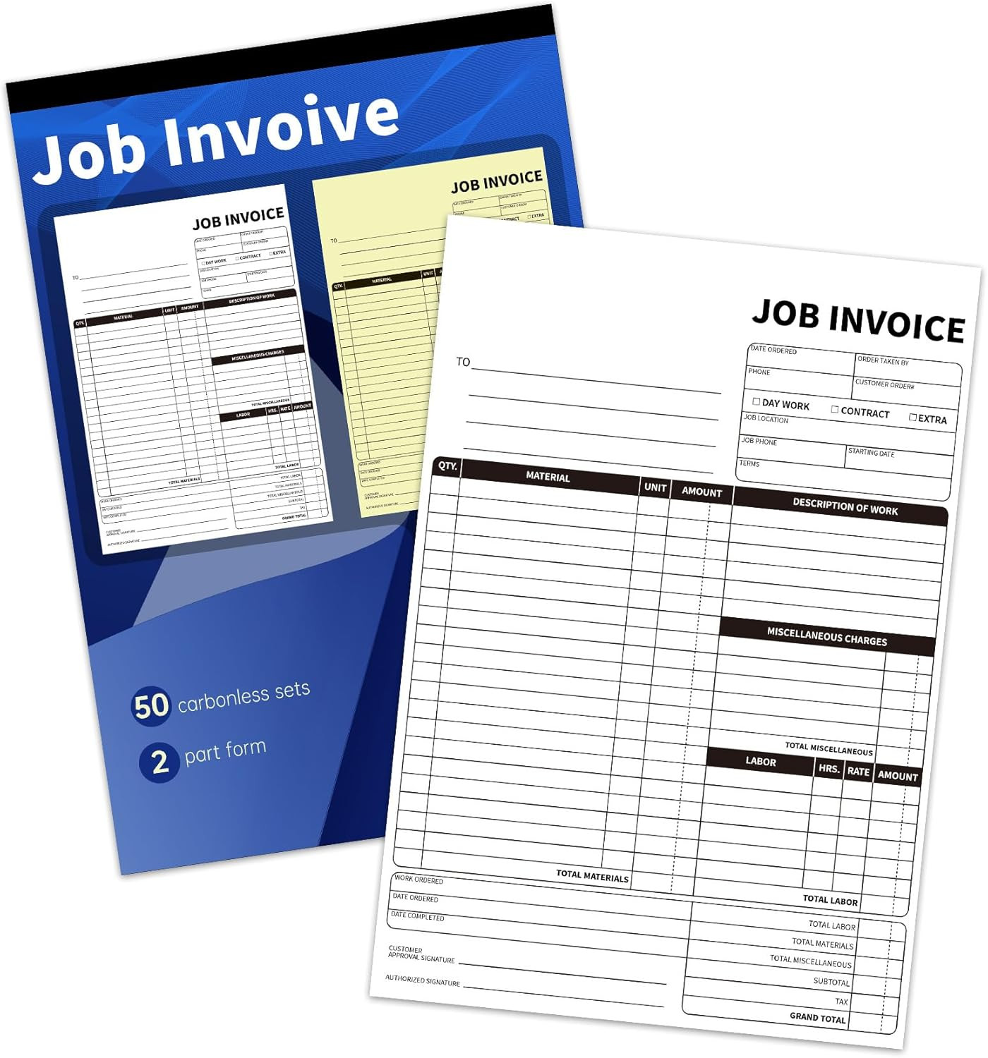 Carbonless Work Order Forms,7.5 x 11 inches Invoices for Small Business,Sales Or