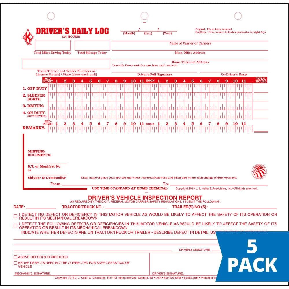 Mid-Size Driver Daily Log 5-Pk. W/Simplified Driver Vehicle Inspection Report