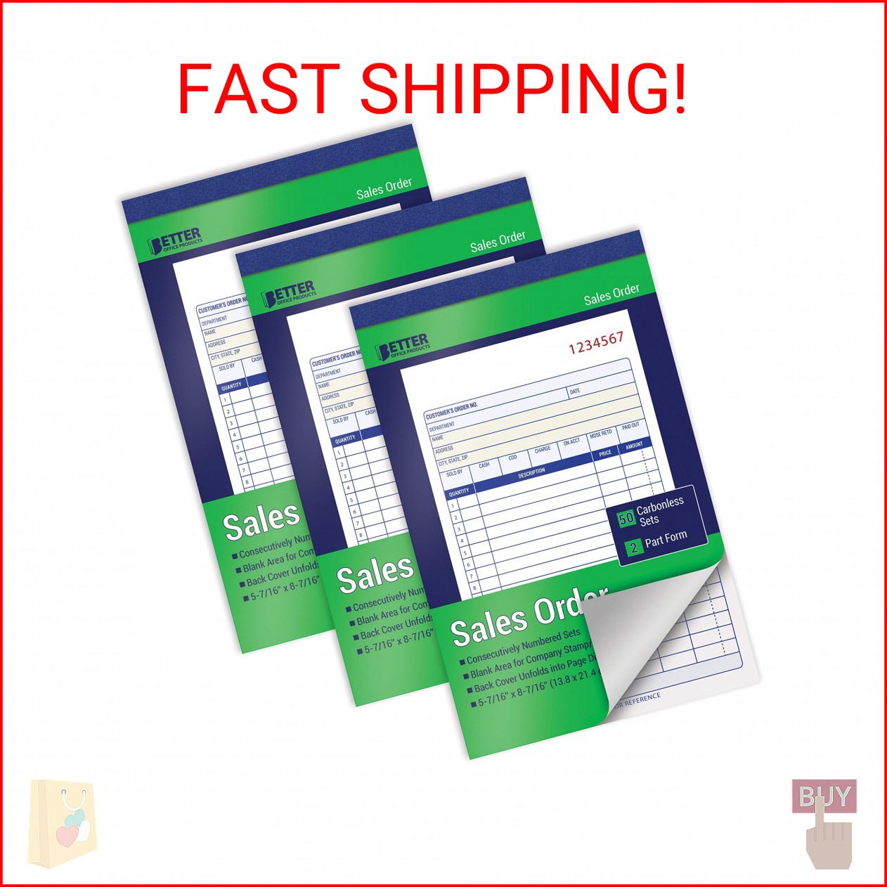 Better Office Products Large Sales Order Books, 3 Pack, 2-Part Carbonless (White