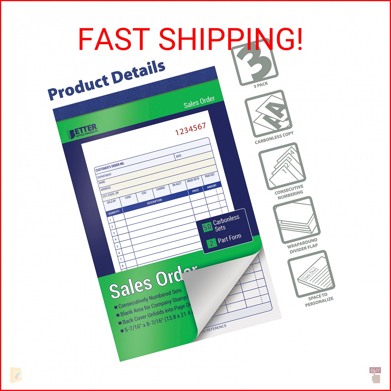 Better Office Products Large Sales Order Books, 3 Pack, 2-Part Carbonless (White