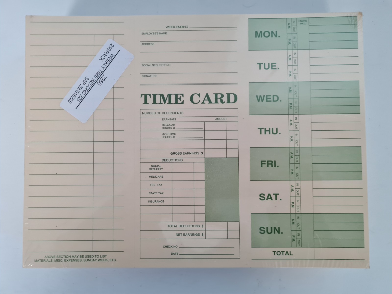 Weekly Time Card Tag Stock 10 3/8 x 7 3/4″ QTY 250